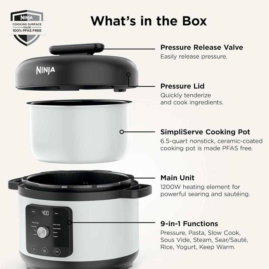 Ninja® HyperHeat™ 9-in-1 Pressure Cooker, 6.5-qt, White, PC201WH | Cooks 2X faster, Sear, Sauté, Slow Cook, Steam, Sous Vide & Yogurt, 1200W, PFAS-free, removable SimpliServe™ pot for serving
