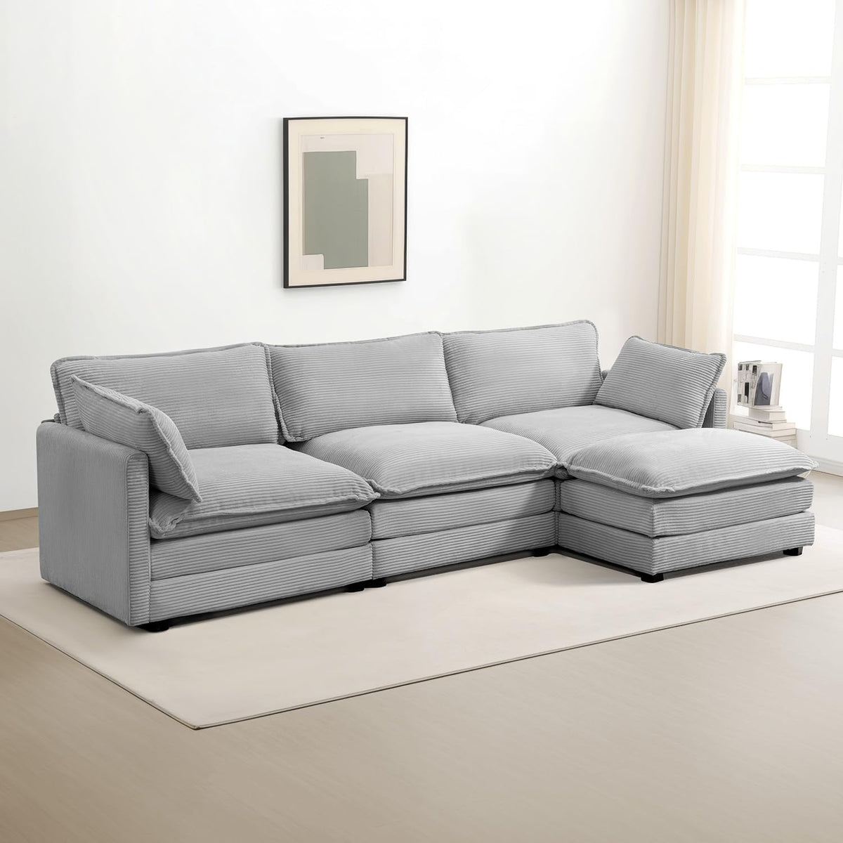 ROWHY 112'' Sectional Modular Cloud Couch, Oversized 5 Seat Couches U Shaped Sofa with 2 Movable Ottomans, 2 Throw Pillows, Upholstered Corduroy U Shape Comfy Deep Couches for Living Room, Beige