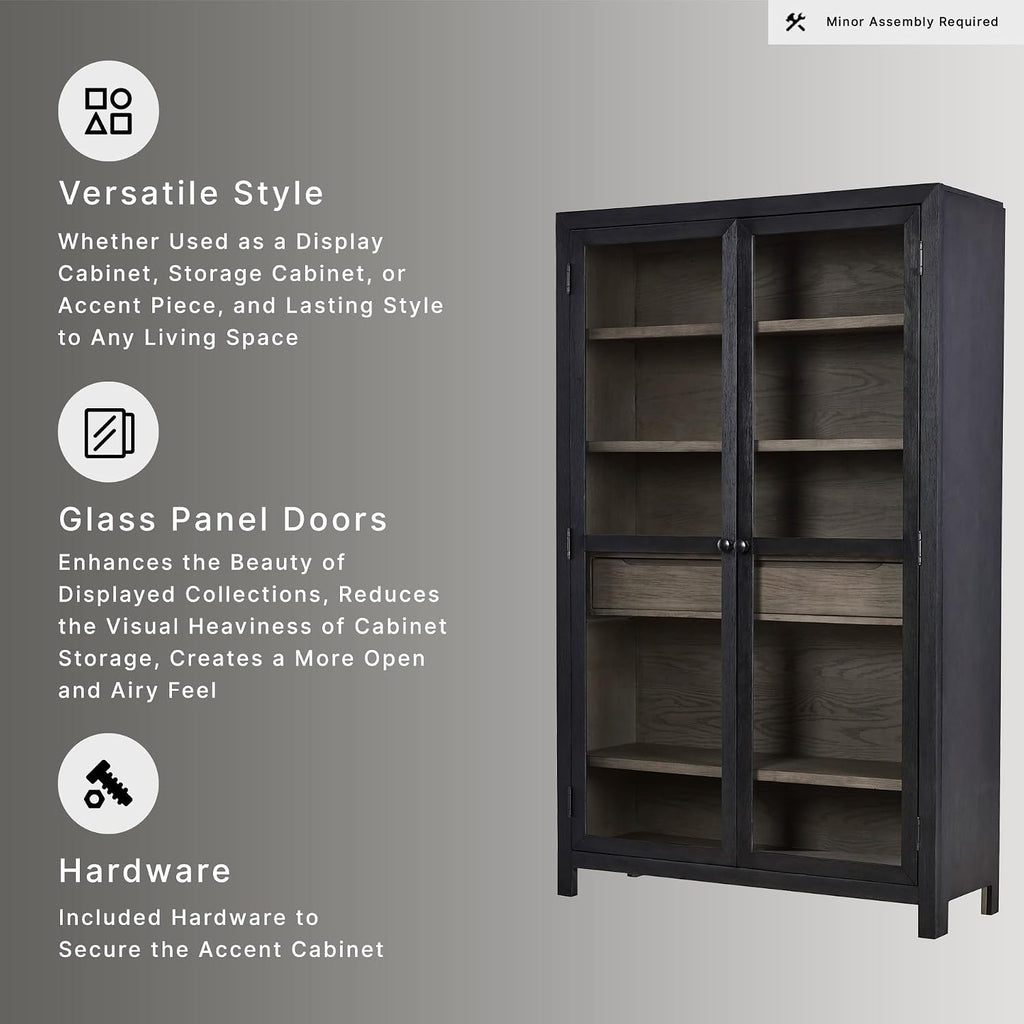 Signature Design by Ashley Lenston Black Accent Cabinet with Glass Doors | Tempered glass doors, 3 adjustable shelves, Wood oak veneer and engineered wood construction, 1 soft-close drawer