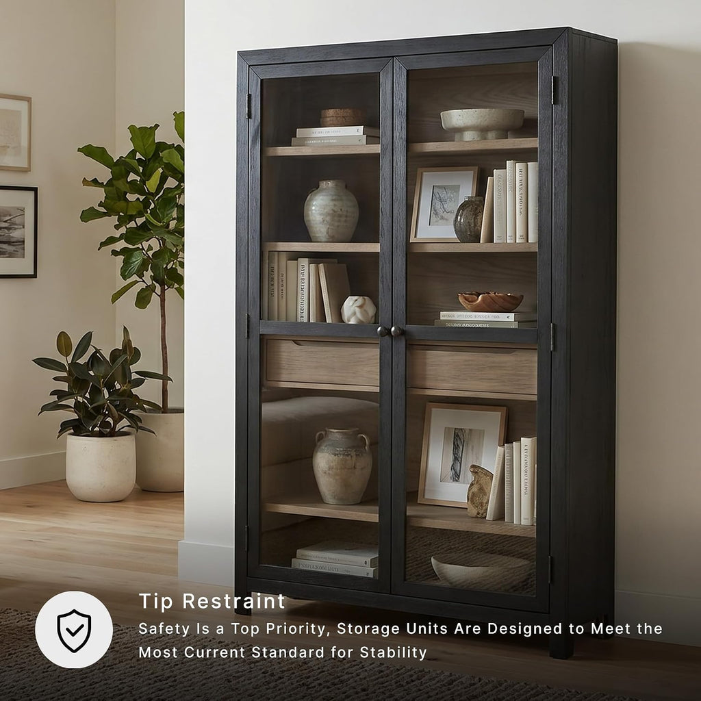 Signature Design by Ashley Lenston Black Accent Cabinet with Glass Doors | Tempered glass doors, 3 adjustable shelves, Wood oak veneer and engineered wood construction, 1 soft-close drawer