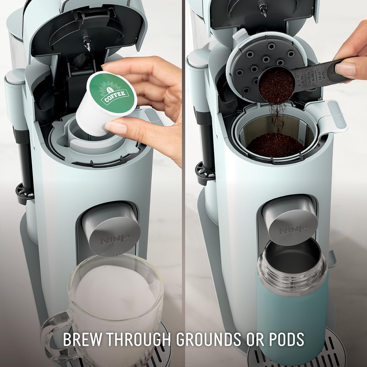 Ninja Pods & Grounds Coffee Maker, K-Cup Compatible, Glacier Blue, PB051GB | Built-In Milk Frother, 6-oz. Cup to 24-oz. Travel Mug Sizes, Iced Coffee Maker