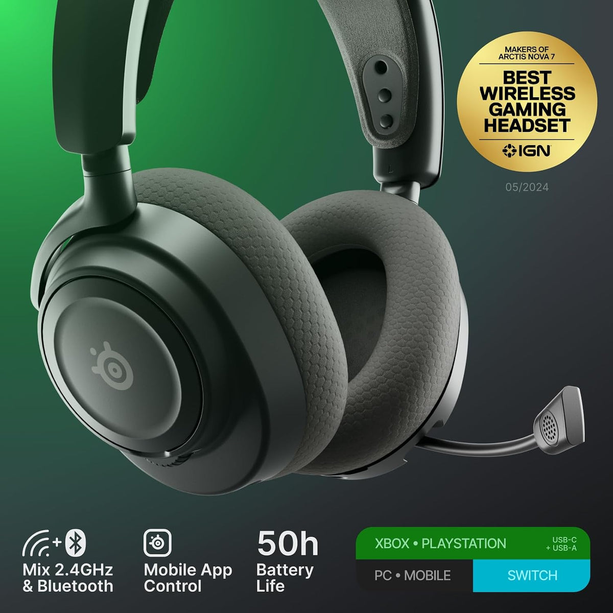 SteelSeries Arctis Nova 7X Wireless Gen 2 - Xbox Headset - Gaming Headset - Mobile App Control - 50+ HR with Fast Charge - Compatible with Xbox PC, Switch & More - Mixable 2.4GHz/Bluetooth - Black