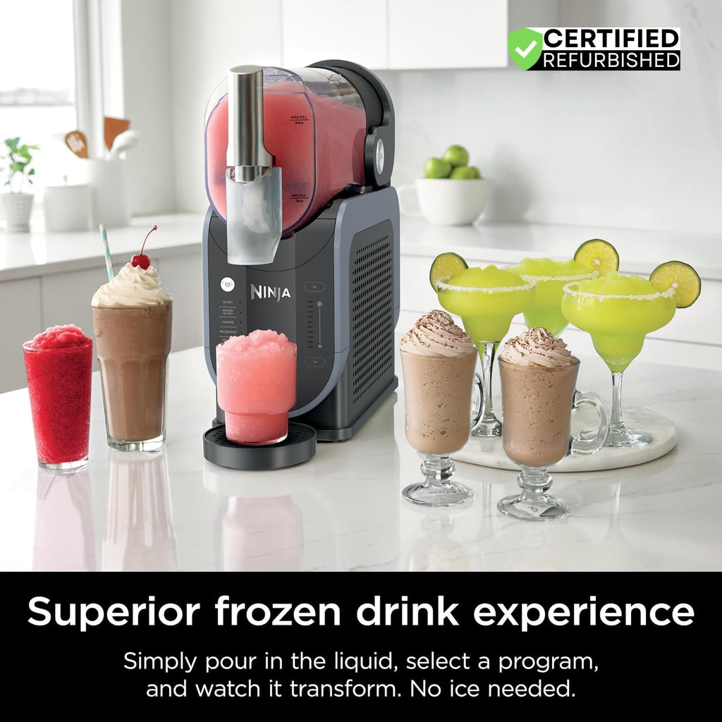 Ninja FS301 Professional Maker with RapidChill Technology, 88 oz Drink & Slushie Machine, 5 Preset Programs, Frozen Margaritas, Frappés, and More, Premium Accents, Black (Renewed)