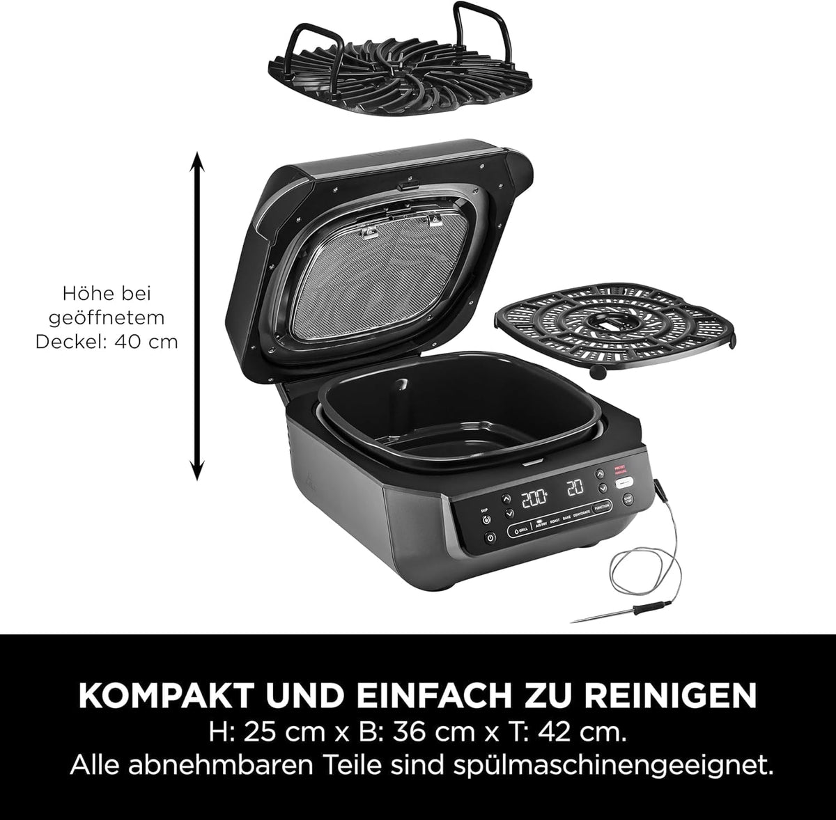Ninja 5-in-1 Indoor Grill and Oil Free Deep Fryer, 5 Modes EG351EU | Cooks up to 4 burgers, 5.7L capacity, low smoke emission, digital meat thermometer included