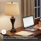 Signature Design by Ashley Table Lamp Set of 2, Dark Bronze | Fabric hardback shade, 28.5 inches tall, Traditional double pillar base, 3-way switch, Living room use, Darlita Series
