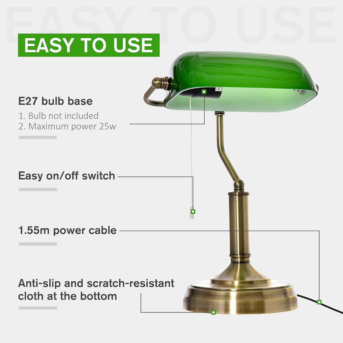 HOMCOM Banker's Table Lamp with Glass Shade Green