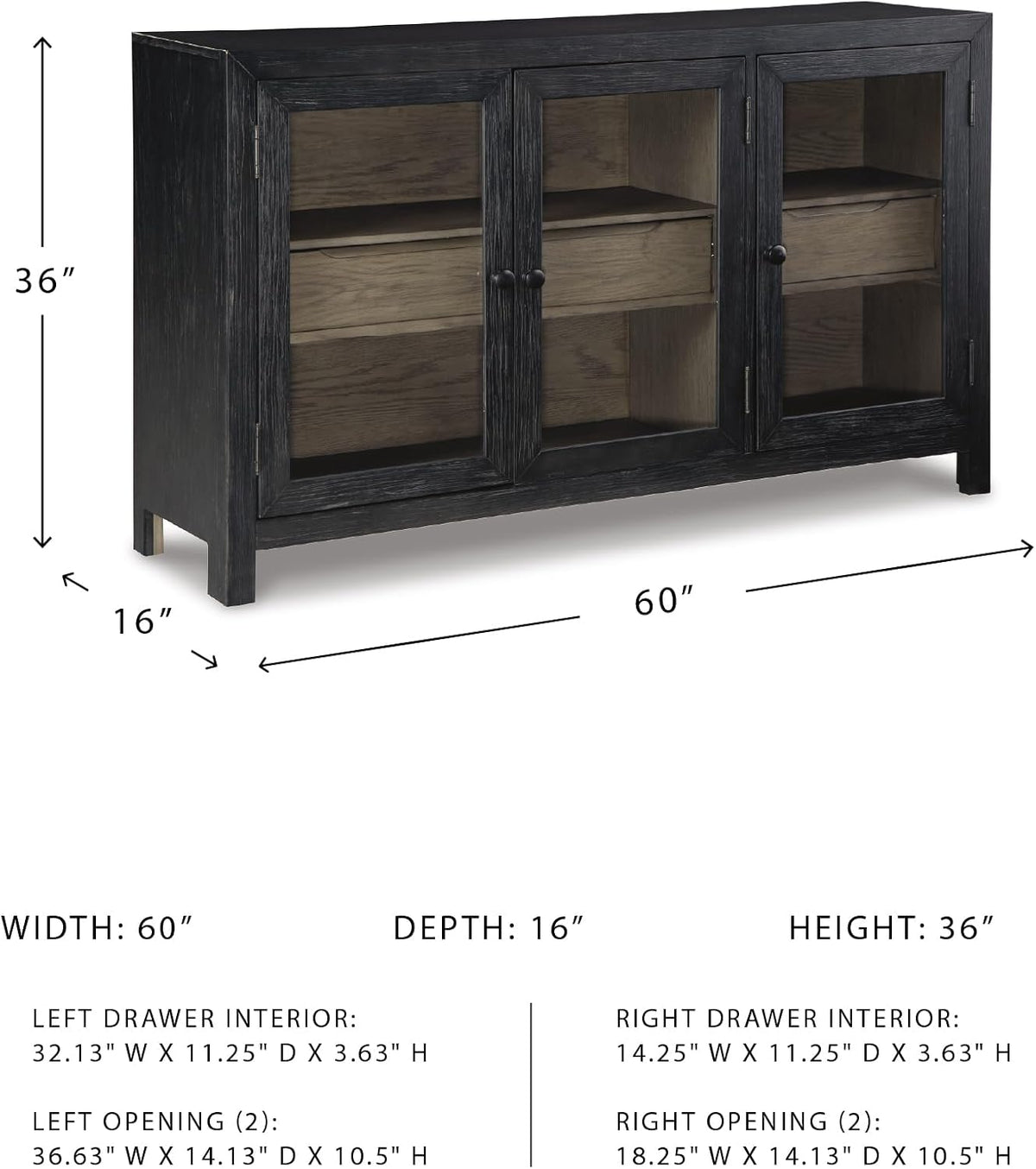 Signature Design by Ashley 60" Black Buffet Accent Cabinet, 3 Glass Doors | Sturdy oak veneer frame, High-contrast warm gray interior, Smooth-glide drawers, Lenston Series