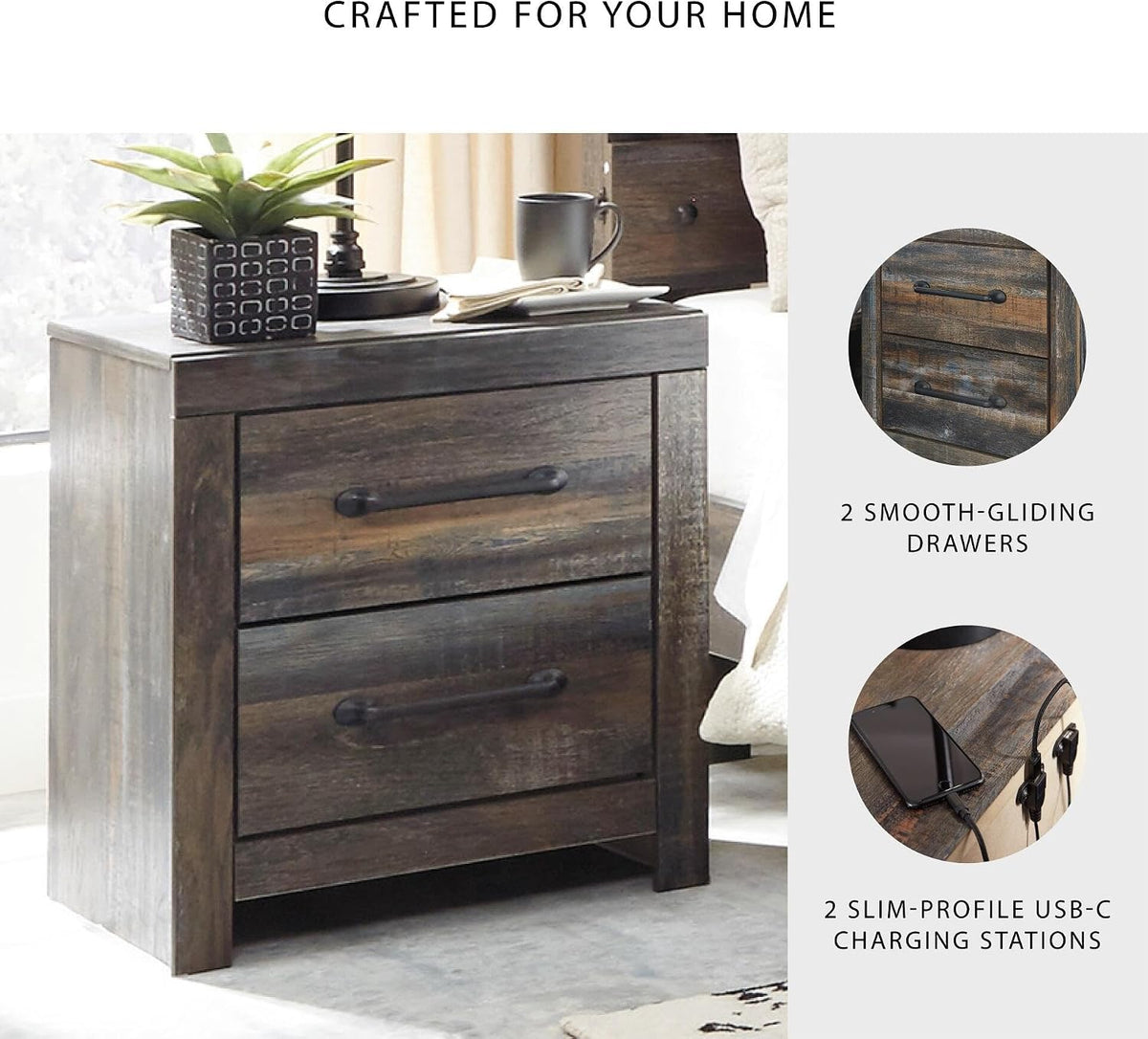 Signature Design by Ashley Drystan Rustic 2 Drawer Nightstand, USB-C | Engineered wood, Weatherworn brown finish, 2 faux-linen lined drawers, Dual USB-C ports, Small space solution