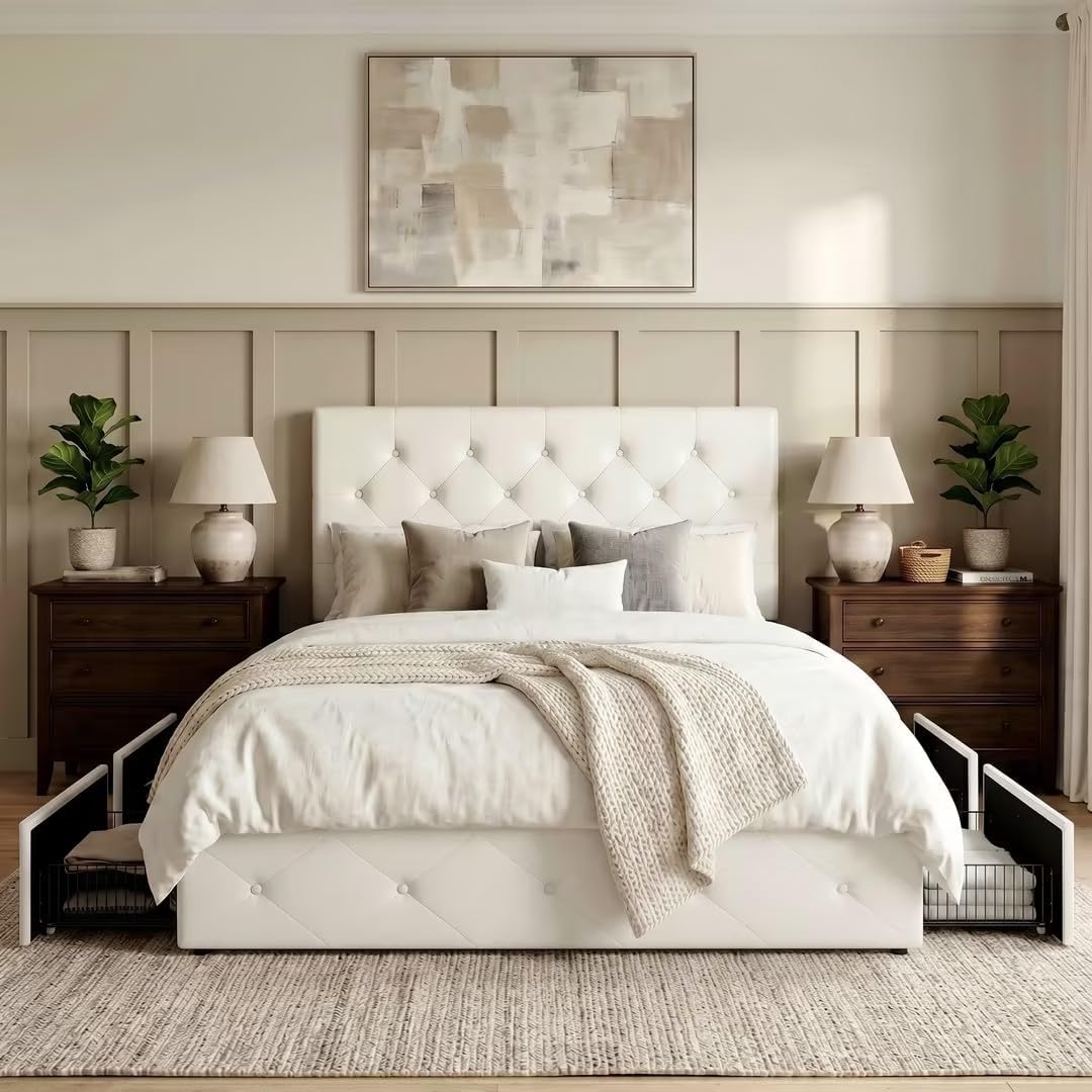 Allewie Queen Size Storage Bed Frame with 4 Underbed Drawers, Upholstered Platform Bed with Adjustable Headboard, Diamond Button Tufted, Easy Assembly, Noise-Free, No Box Spring Needed, White