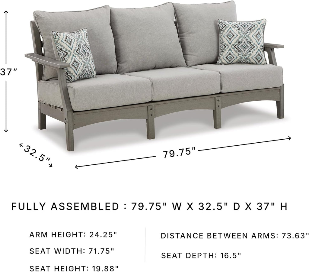 Signature Design by Ashley Visola 80"W 3-Seat Outdoor Patio Sofa, HDPE Wood Look, Couch with Performance Cushions for Deck Furniture, Gray