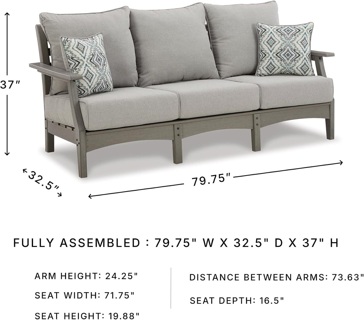 Signature Design by Ashley Visola 80"W 3-Seat Outdoor Patio Sofa, HDPE Wood Look, Couch with Performance Cushions for Deck Furniture, Gray