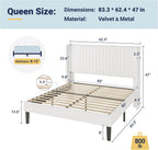Allewie Queen Size Velvet Bed Frame/Vertical Channel Tufted Wingback Headboard/Upholstered Platform Bed/Strong Wooden Slats/No Box Spring Needed/Easy Assembly/White