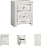 Signature Design by Ashley Nightstand, Paxberry Boho Whitewash | Engineered wood and decorative laminate, Ornate carved-effect medallion details, Includes 2 built-in USB charging ports