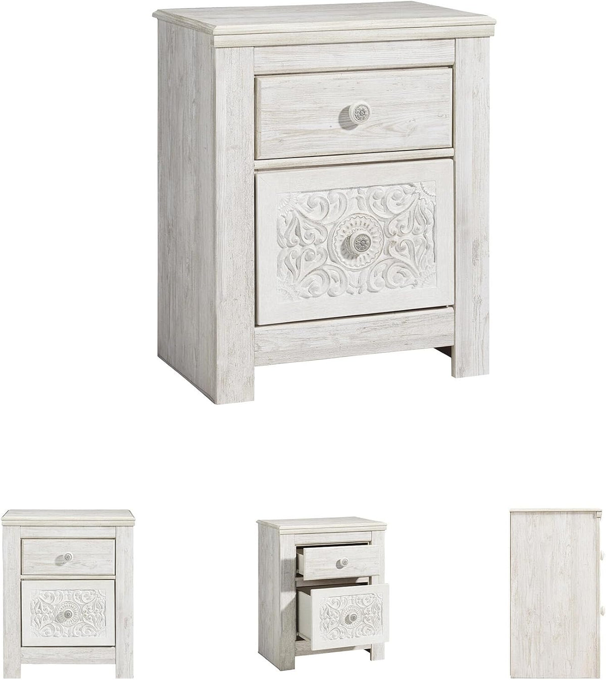 Signature Design by Ashley Nightstand, Paxberry Boho Whitewash | Engineered wood and decorative laminate, Ornate carved-effect medallion details, Includes 2 built-in USB charging ports