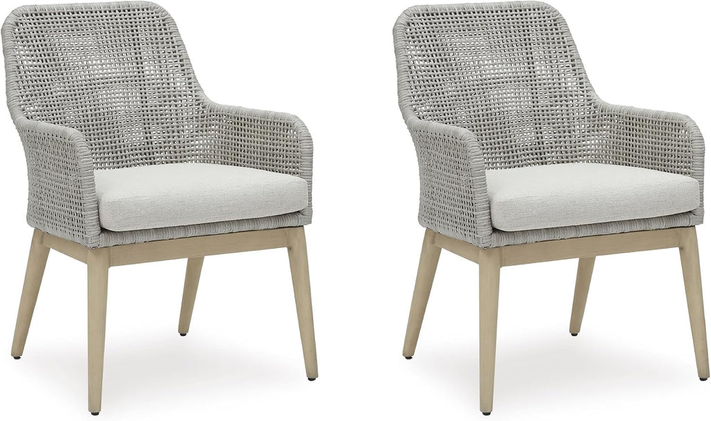 Signature Design by Ashley Seton Creek Cottage Nuvella Weather Resistant Fabric Outdoor Dining Arm Chair with Cushion, Set of 2, Light Brown & Light Gray