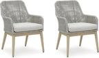 Signature Design by Ashley Seton Creek Cottage Nuvella Weather Resistant Fabric Outdoor Dining Arm Chair with Cushion, Set of 2, Light Brown & Light Gray
