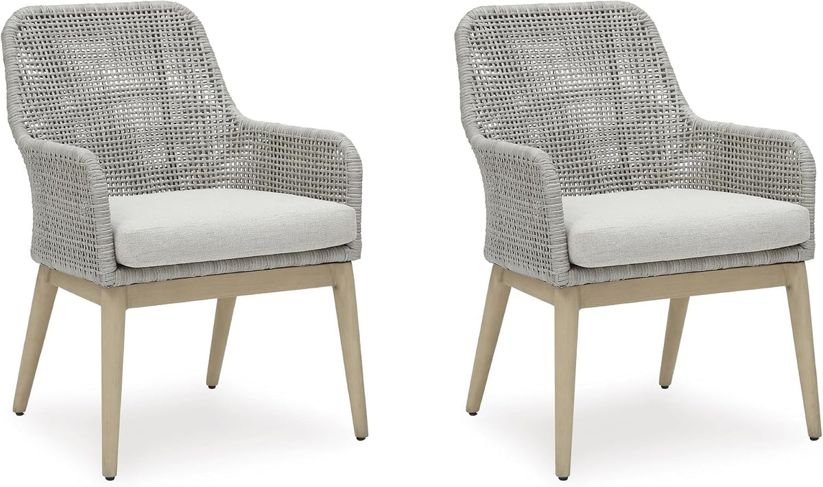 Signature Design by Ashley Seton Creek Cottage Nuvella Weather Resistant Fabric Outdoor Dining Arm Chair with Cushion, Set of 2, Light Brown & Light Gray