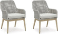 Signature Design by Ashley Seton Creek Cottage Nuvella Weather Resistant Fabric Outdoor Dining Arm Chair with Cushion, Set of 2, Light Brown & Light Gray