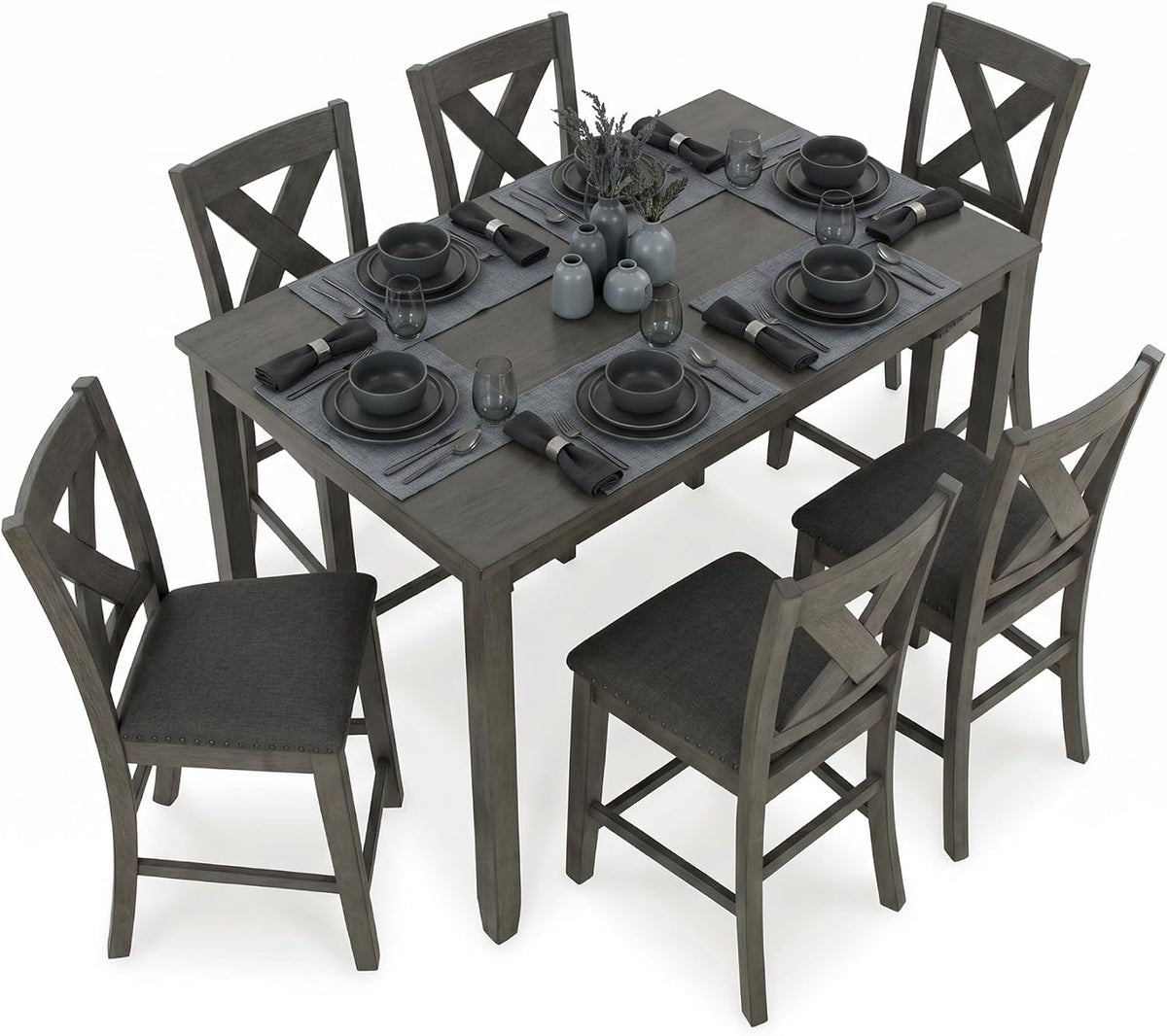 Signature Design by Ashley Caitbrook Counter Height Dining Table Set for 6 | Hardwood solids, Acacia veneer and MDF substrate table, 6 upholstered space-saving stools, Antiqued gray wash finish