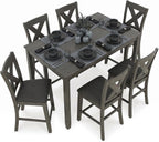 Signature Design by Ashley Caitbrook Counter Height Dining Table Set for 6 | Hardwood solids, Acacia veneer and MDF substrate table, 6 upholstered space-saving stools, Antiqued gray wash finish