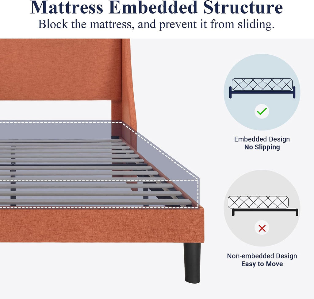 Allewie Full Size Platform Bed Frame with Upholstered Headboard, Modern Deluxe Wingback, Wood Slat Support, Mattress Foundation, Burnt Orange