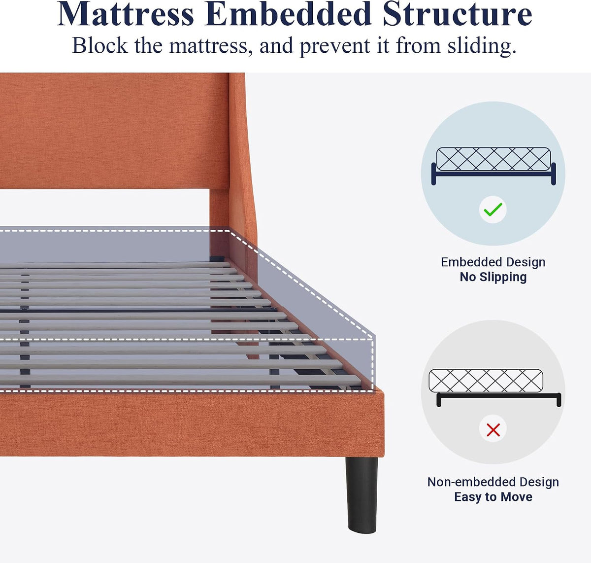 Allewie Full Size Platform Bed Frame with Upholstered Headboard, Modern Deluxe Wingback, Wood Slat Support, Mattress Foundation, Burnt Orange