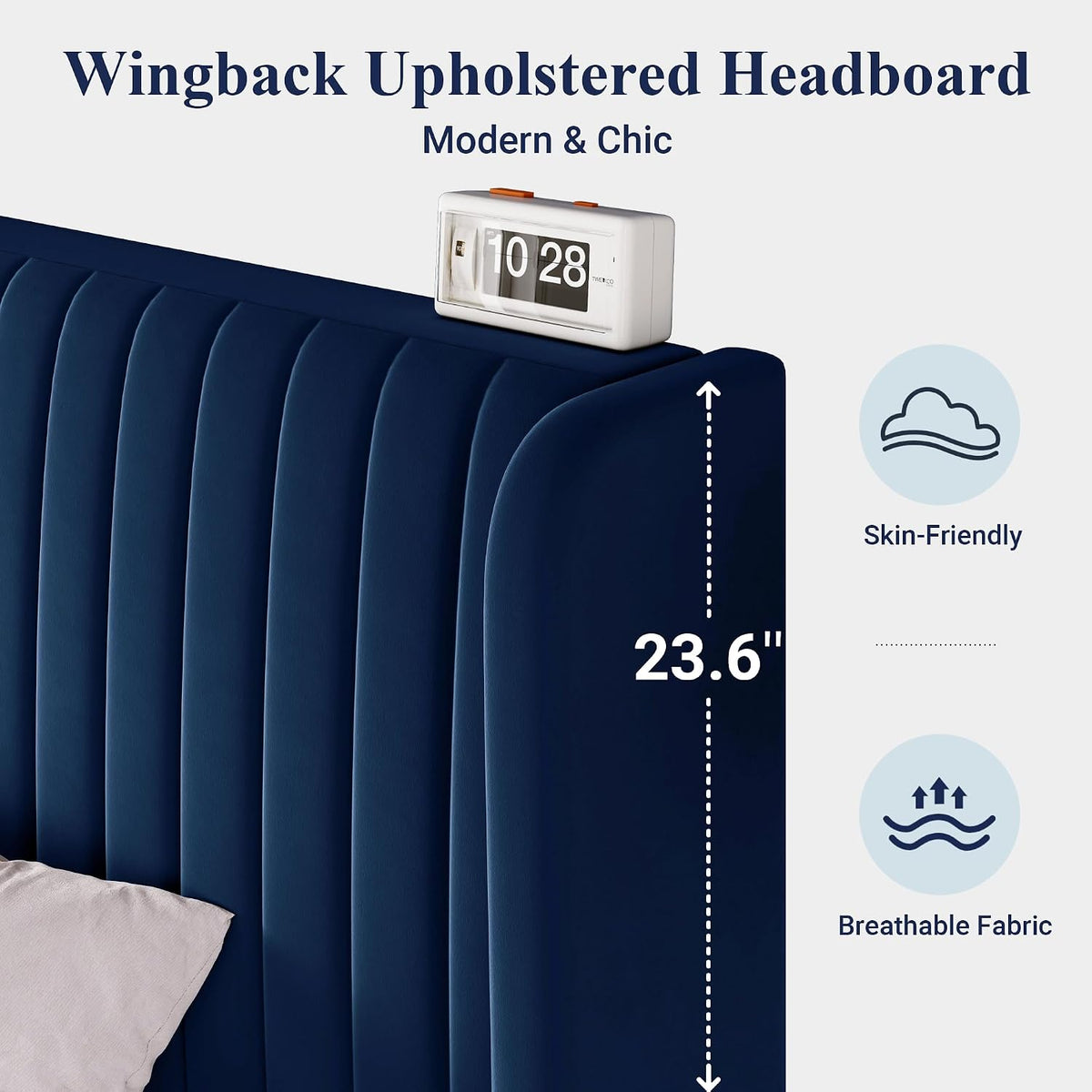 Allewie Queen Size Velvet Bed Frame/Vertical Channel Tufted Wingback Headboard/Upholstered Platform Bed/Strong Wooden Slats/No Box Spring Needed/Easy Assembly/Dark Blue