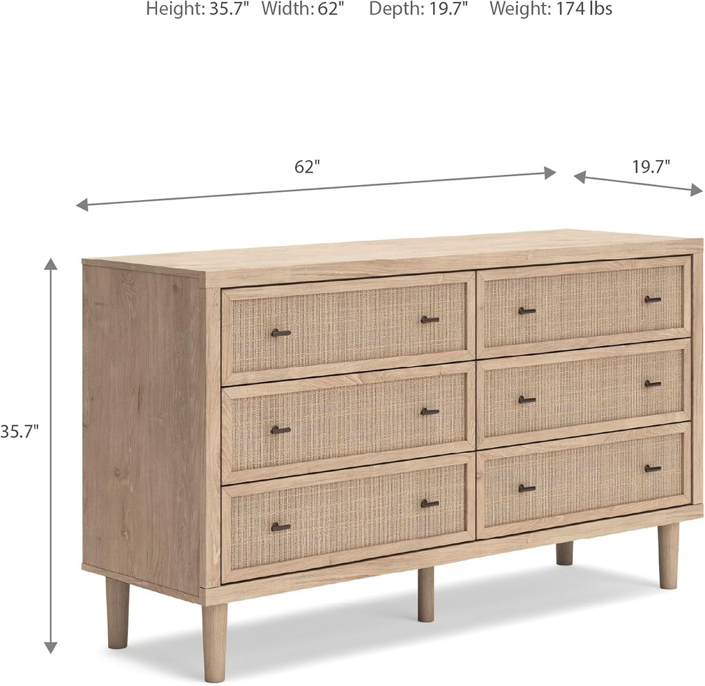 Signature Design by Ashley 6 Drawer Bedroom Dresser, Light Oak, Cielden | Textured beige faux cane fronts, Bronze knobs, Quick assembly, Contemporary coastal bedroom decor