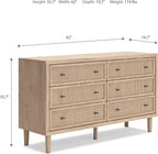 Signature Design by Ashley 6 Drawer Bedroom Dresser, Light Oak, Cielden | Textured beige faux cane fronts, Bronze knobs, Quick assembly, Contemporary coastal bedroom decor