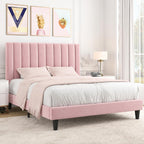 Allewie Queen Bed Frame/Velvet Upholstered Bed Frame with Vertical Channel Tufted Headboard/Strong Wooden Slats/Platform Bed Frame/Mattress Foundation/Box Spring Optional/Easy Assembly/Pink