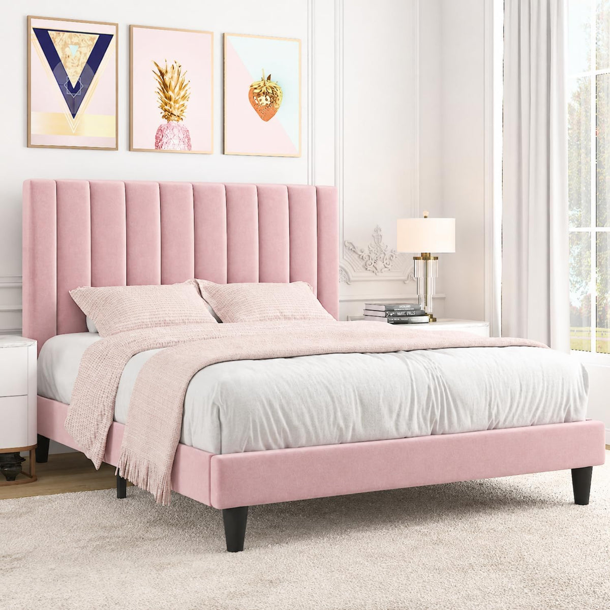 Allewie Queen Bed Frame/Velvet Upholstered Bed Frame with Vertical Channel Tufted Headboard/Strong Wooden Slats/Platform Bed Frame/Mattress Foundation/Box Spring Optional/Easy Assembly/Pink