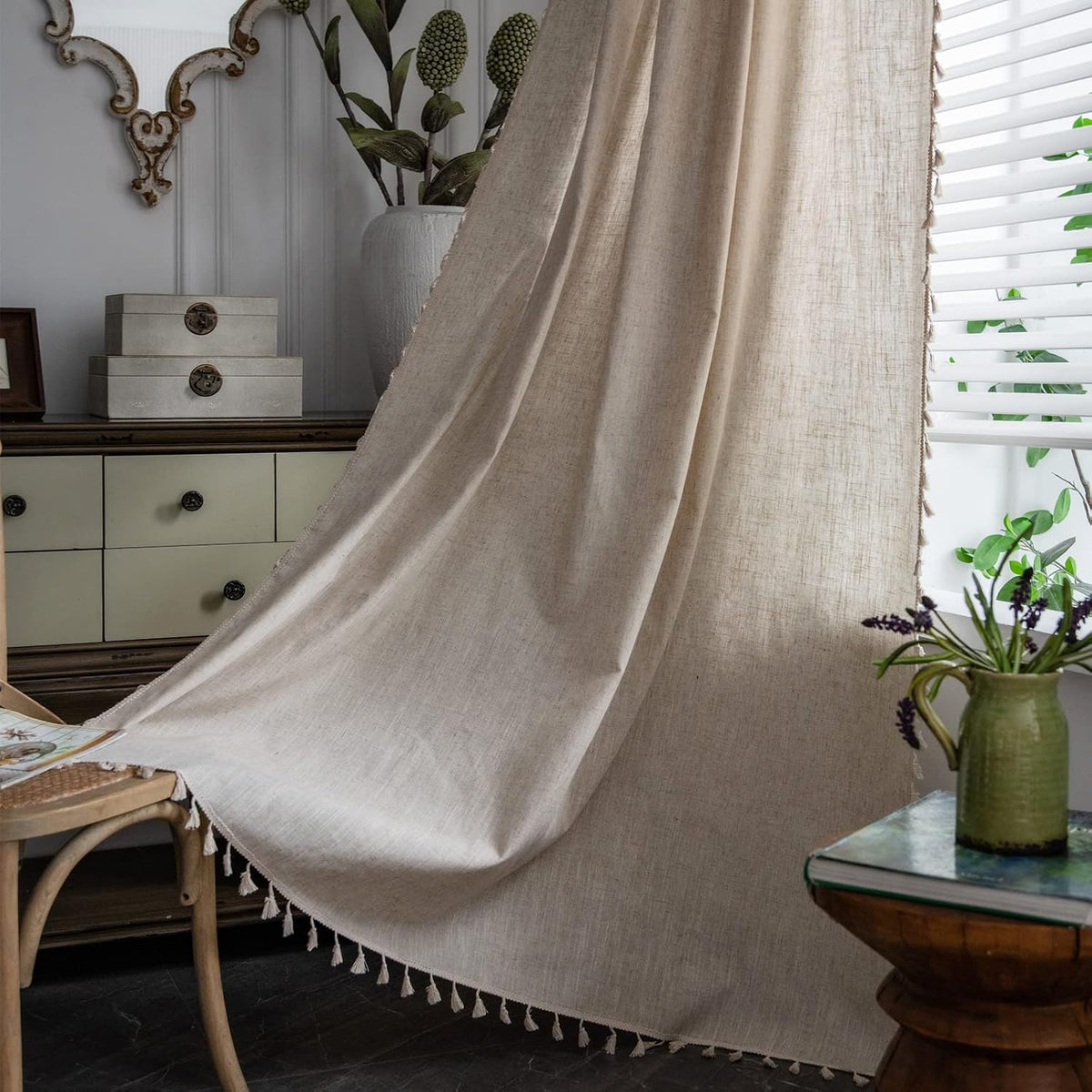 Sutuo Home Boho Curtain Crochet Lace Semi-Sheer Florals Hollow Knitted Handmade Tassels, Rod Pocket Window Treatment Vintage Rustic Farmhouse Drapes for Living Bedroom, 1 Panel 59" W x 84" L, Beige