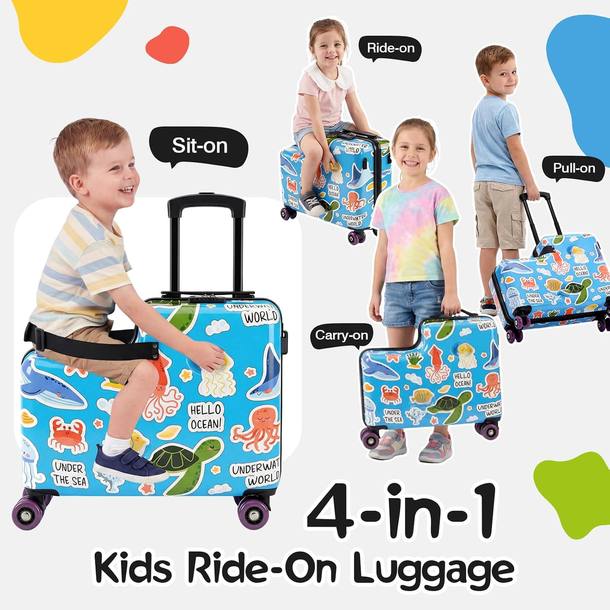 20" Ride On Luggage for Kids,Cute Pattern,Lightweight Hardshell Carry-On Luggage with Double Spinner Wheels,TSA Lock,Circular Handrail,Safety Belt,Foot Pedal,for Boys&Girls,Load Cap. 120 lbs (Blue)