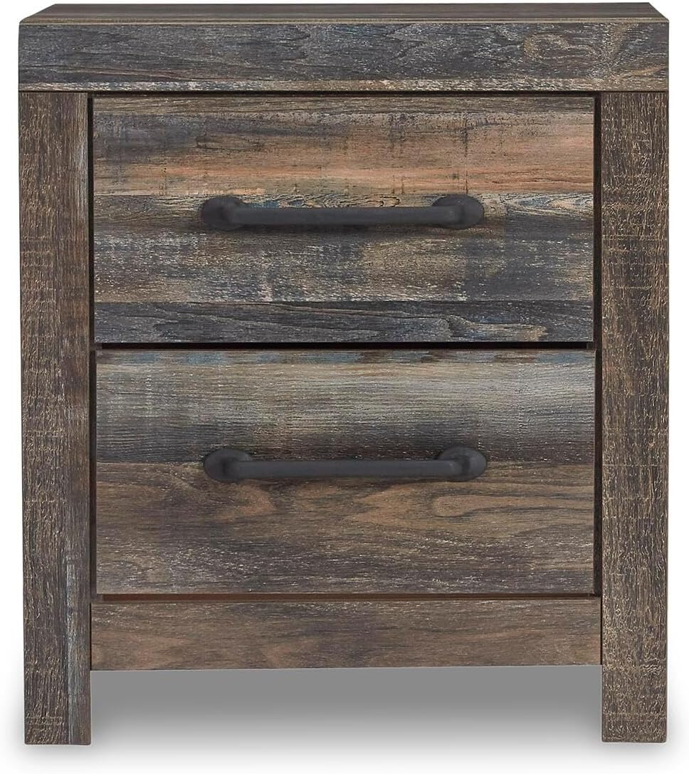 Signature Design by Ashley Drystan Rustic 2 Drawer Nightstand, USB-C | Engineered wood, Weatherworn brown finish, 2 faux-linen lined drawers, Dual USB-C ports, Small space solution
