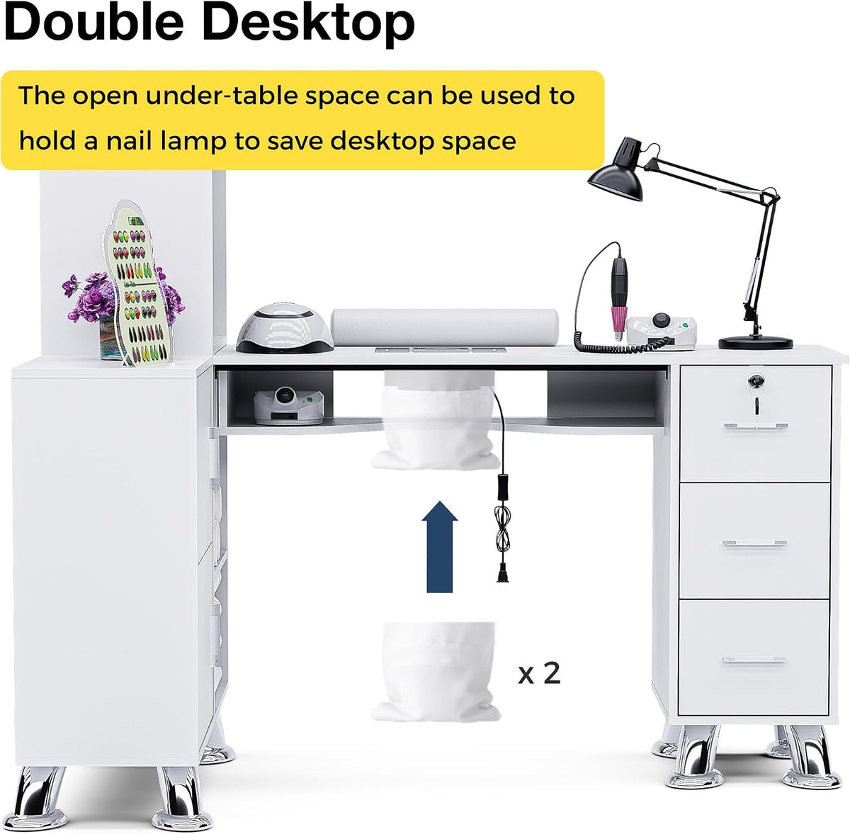 Nail Desk,Professional Nail Table w/Dust Collector,Large Capacity L-Shaped Nail Tech Table with Shelves,Storage Cabinets,Drawers,Metal Handles&Legs, Salon Wrist Rest