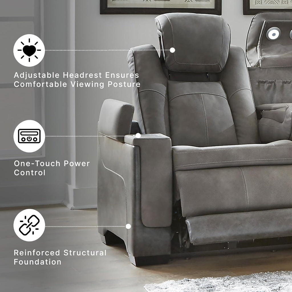 Signature Design by Ashley Faux Leather Power Reclining Sofa, Slate | 15-minute assembly, Zero gravity reclining couch, Drop-down table, Wireless charging, Power headrest, Next-Gen series