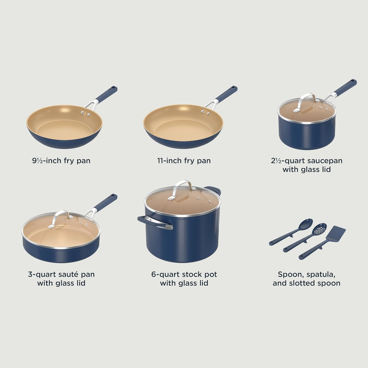 Ninja Ceramic Cookware Set, 11-Piece Kitchen Set, Navy Blue, CW49011 | Extended Life with Comfort Grip, Nonstick Fry Pans, Pots, PTFE Free, Oven & Dishwasher Safe, Stovetop Compatible
