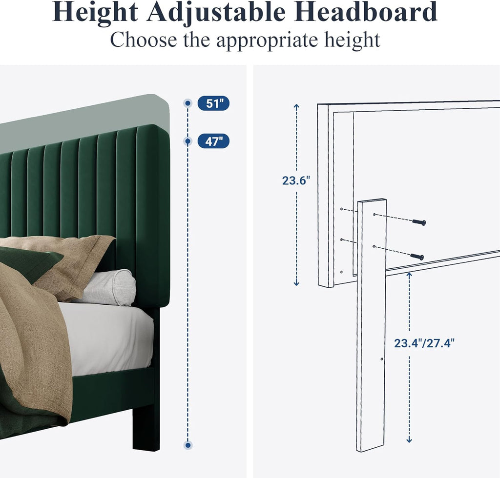 Allewie Queen Bed Frame, Velvet Upholstered Platform Bed with Adjustable Vertical Channel Tufted Headboard, Mattress Foundation with Strong Wooden Slats, Box Spring Optional, Easy Assembly, Green