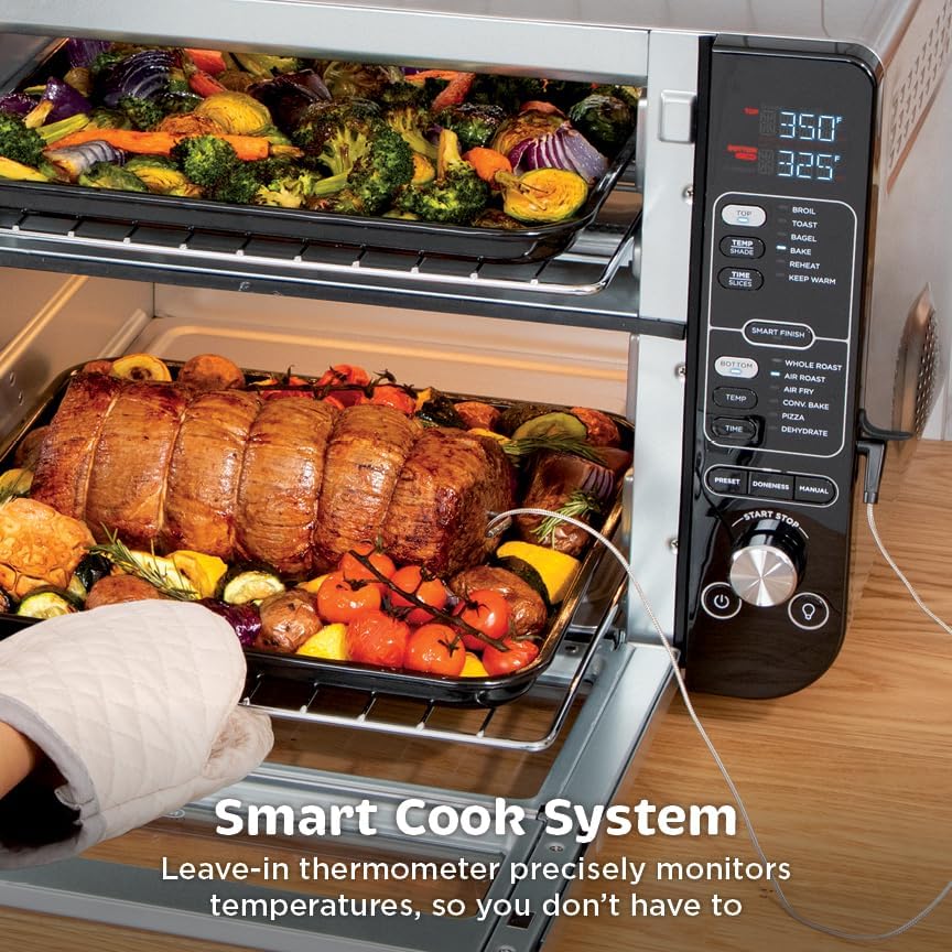 Ninja DCT451 12-in-1 Smart Double Oven with FlexDoor, Thermometer, FlavorSeal, Smart Finish, Rapid Top Convection and Air Fry Bottom , Stainless Steel | Smart Cook thermometer, FlavorSeal, Smart Finish, Air fry, bake, broil, roast, pizza