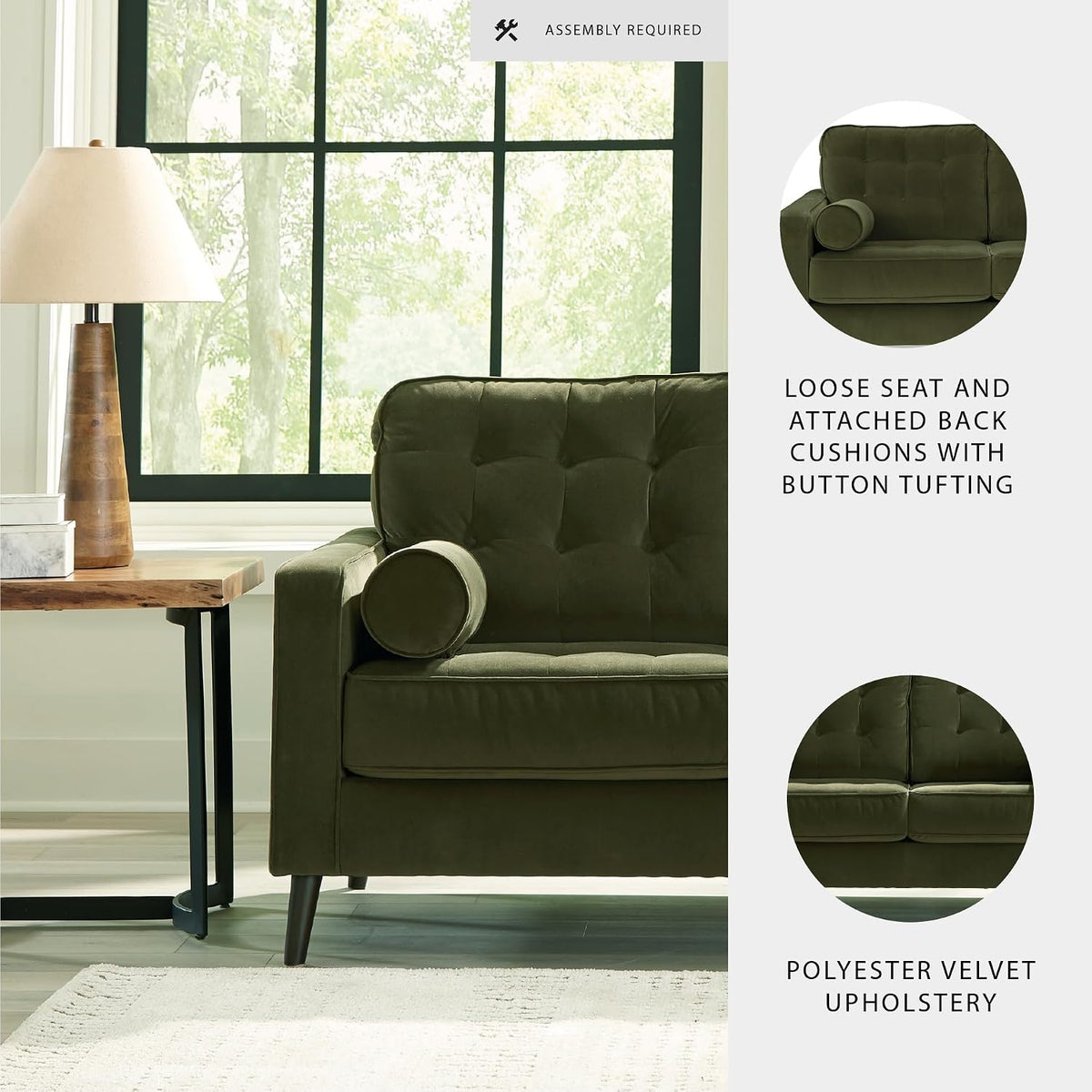 Signature Design by Ashley Loveseat, Olive Green Velvet, Reveon Lakes | Small loveseat for condo spaces, Olive green velvet upholstery, Anti-sag platform foundation, No assembly required
