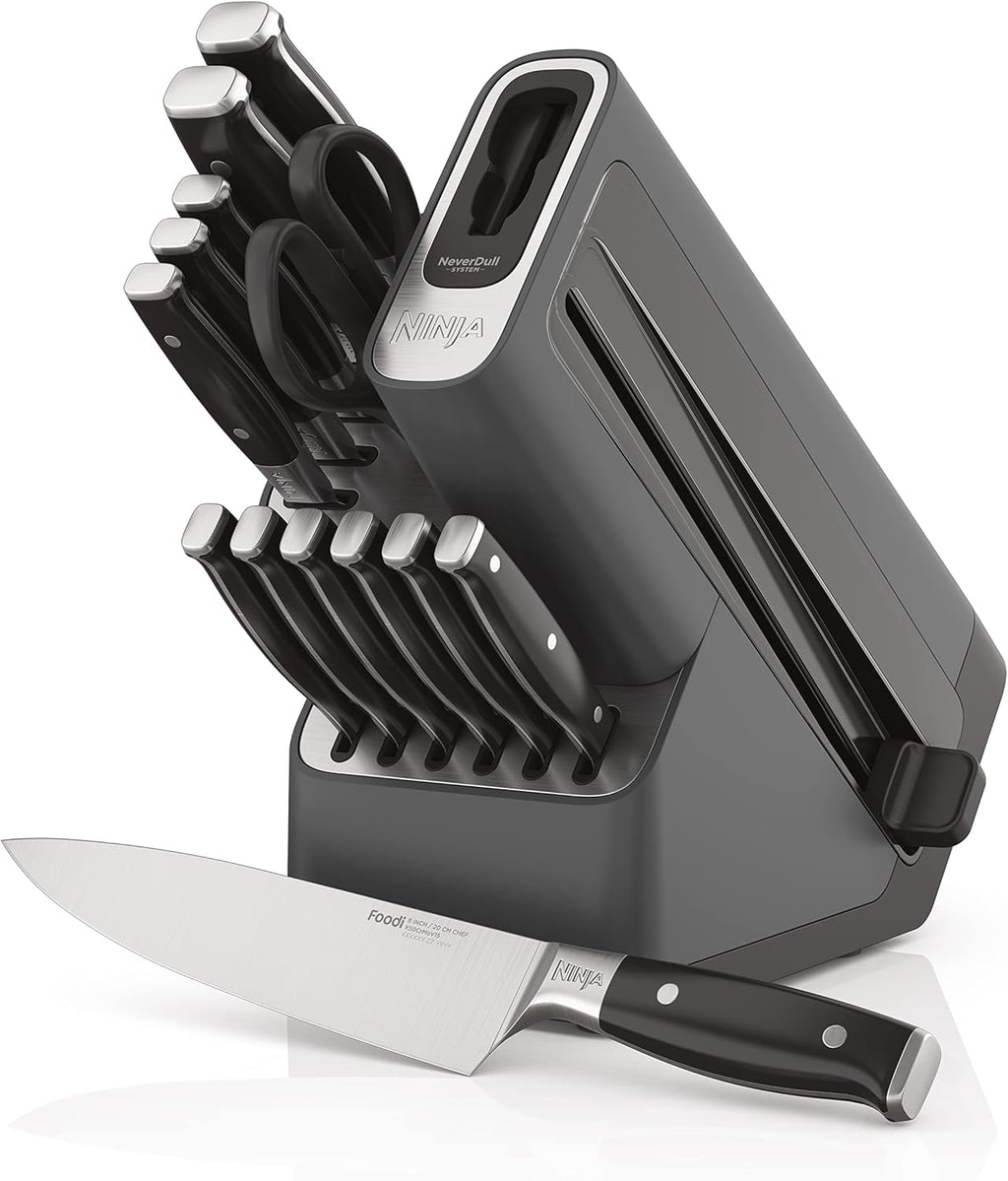 Ninja® Never Dull™ 14-Pc Knife System, Built-in Sharpener, Black, K32014 | Stays razor-sharp 10+ years. German stainless steel blades. A few swipes of the foolproof sharpener restores a superior edge.