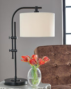 Signature Design by Ashley Baronvale Accent Table Lamp, Adjustable Black | Metal frame, White hardback fabric drum shade, Casual style, Living room or office use, Toggle switch