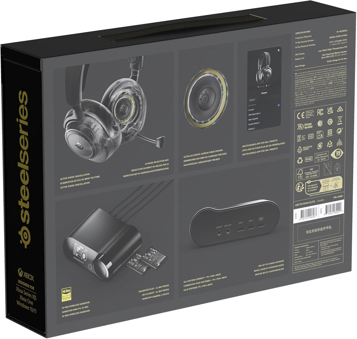 SteelSeries Arctis Nova Elite - Hi-Res Wireless Gaming Headset - 96kHz/24bit - Carbon Fiber Speakers - ANC - AI Noise Rejection - App - 2.4GHz + BT - Multi-Source Mix - OmniPlay PC+PS+Xbox - Black