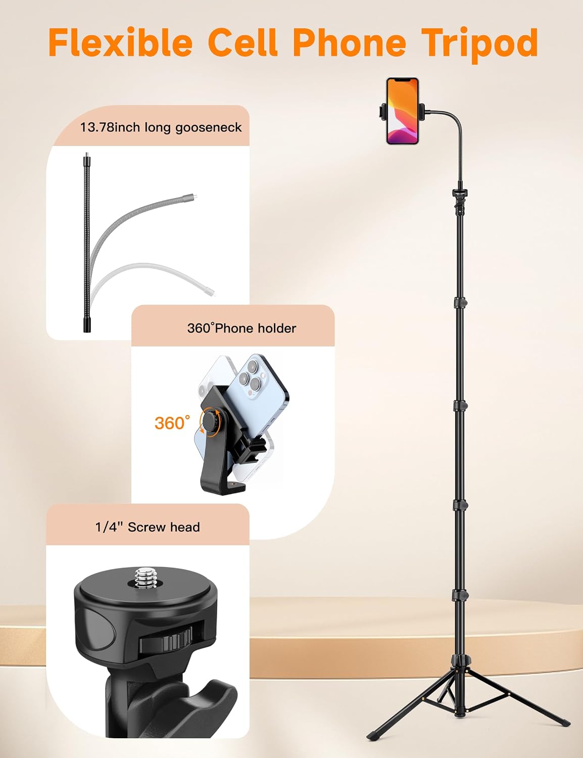 Phone Tripod, 86" Tall Tripod for iPhone with Flexible Gooseneck & Remote
