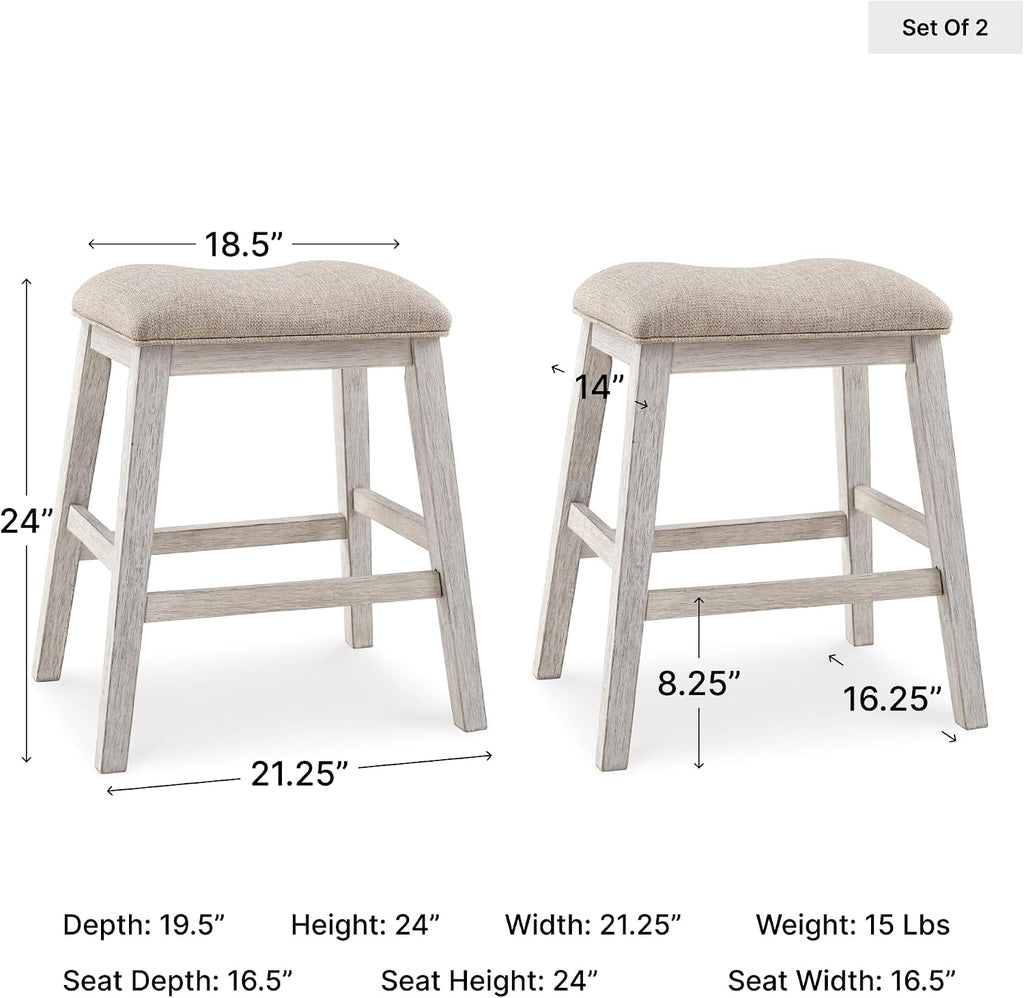 Signature Design by Ashley Skempton Counter Height Bar Stool, Set of 2 | Space-saving 24-inch farmhouse design, Supportive 18.5-inch foam-cushioned saddle seat, Distressed wood frame with footrest