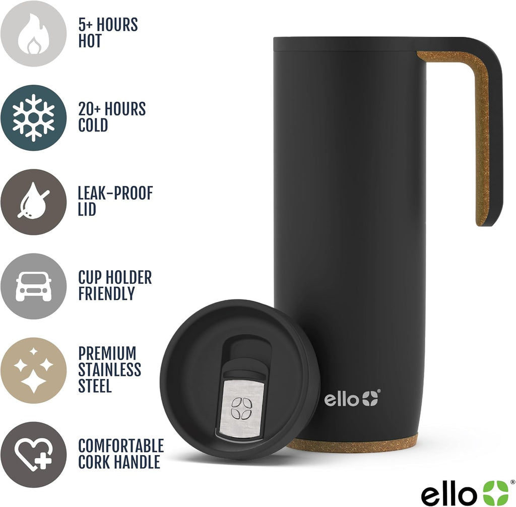 Ello Magnet 18oz Insulated Stainless Steel Travel Mug with Handle, Black