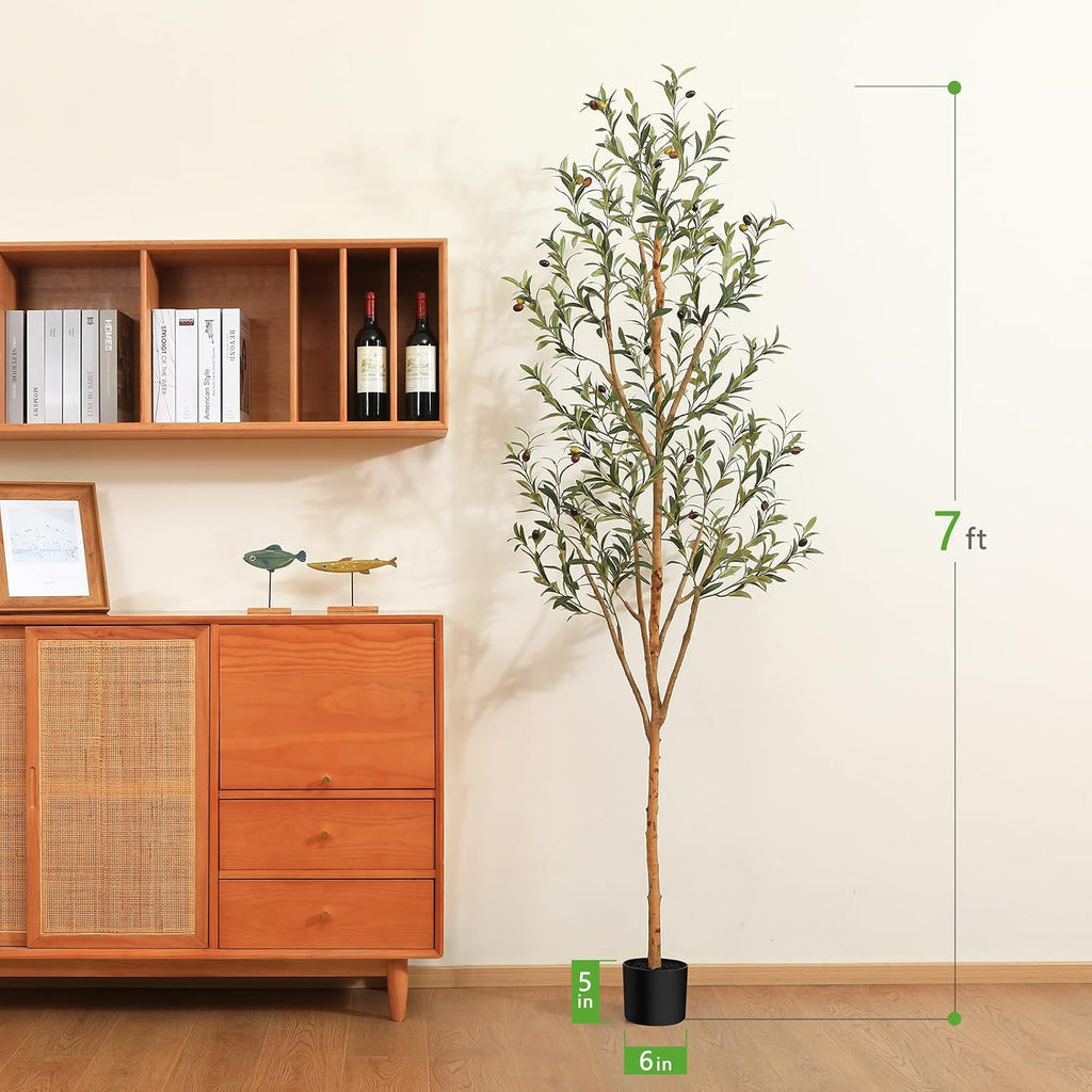 Kazeila Artificial Olive Tree 7FT Tall Faux Silk Plant for Home Office Decor Indoor Fake Potted Tree with Natural Wood Trunk and Lifelike Fruits