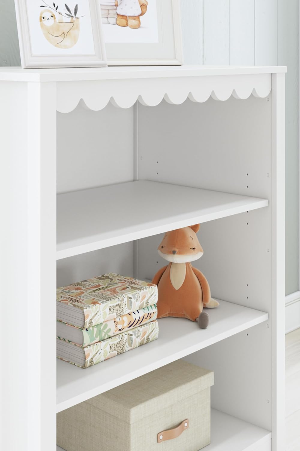 Signature Design by Ashley 3-Tier Scalloped Bookshelf, Matte White Bookcase | Deep 20-inch profile for oversized bins, Durable engineered wood frame with 2 adjustable shelves, Hallityn Series
