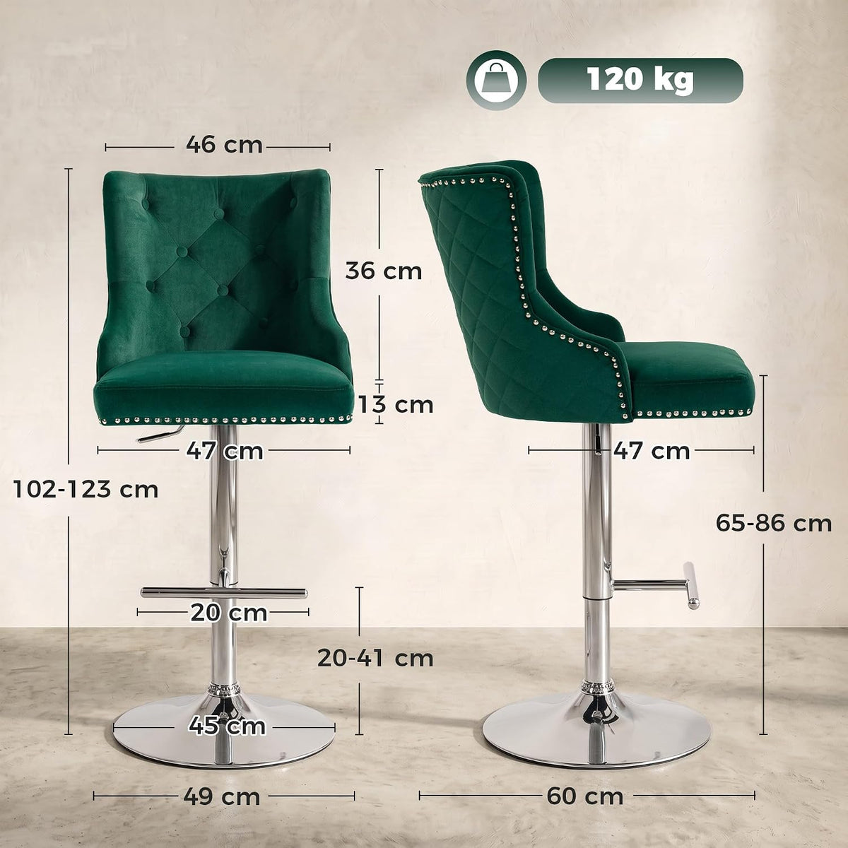 HOMCOM Bar Stools Set of 2 Modern Swivel Adjustable for Home Bar Dark Green