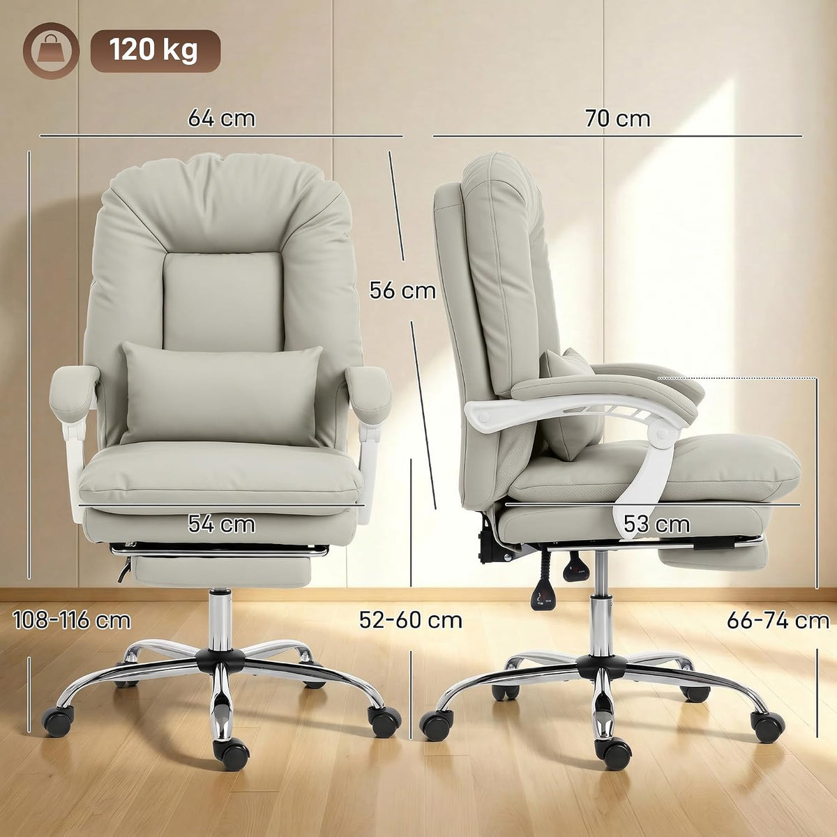 HOMCOM Ergonomic Executive Office Chair Recliner, Lumbar Support Khaki